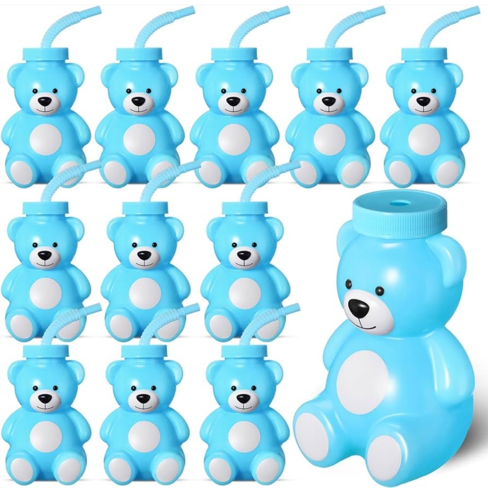 12 Pieces Bear Cups with Straws and Lids, 10 Oz Plastic Bear Shape Cup Reusable